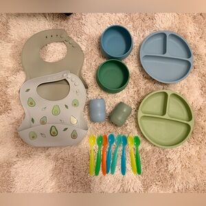 Silicone Avocado Print Baby Bib & Mealtime Set - Green, Blue